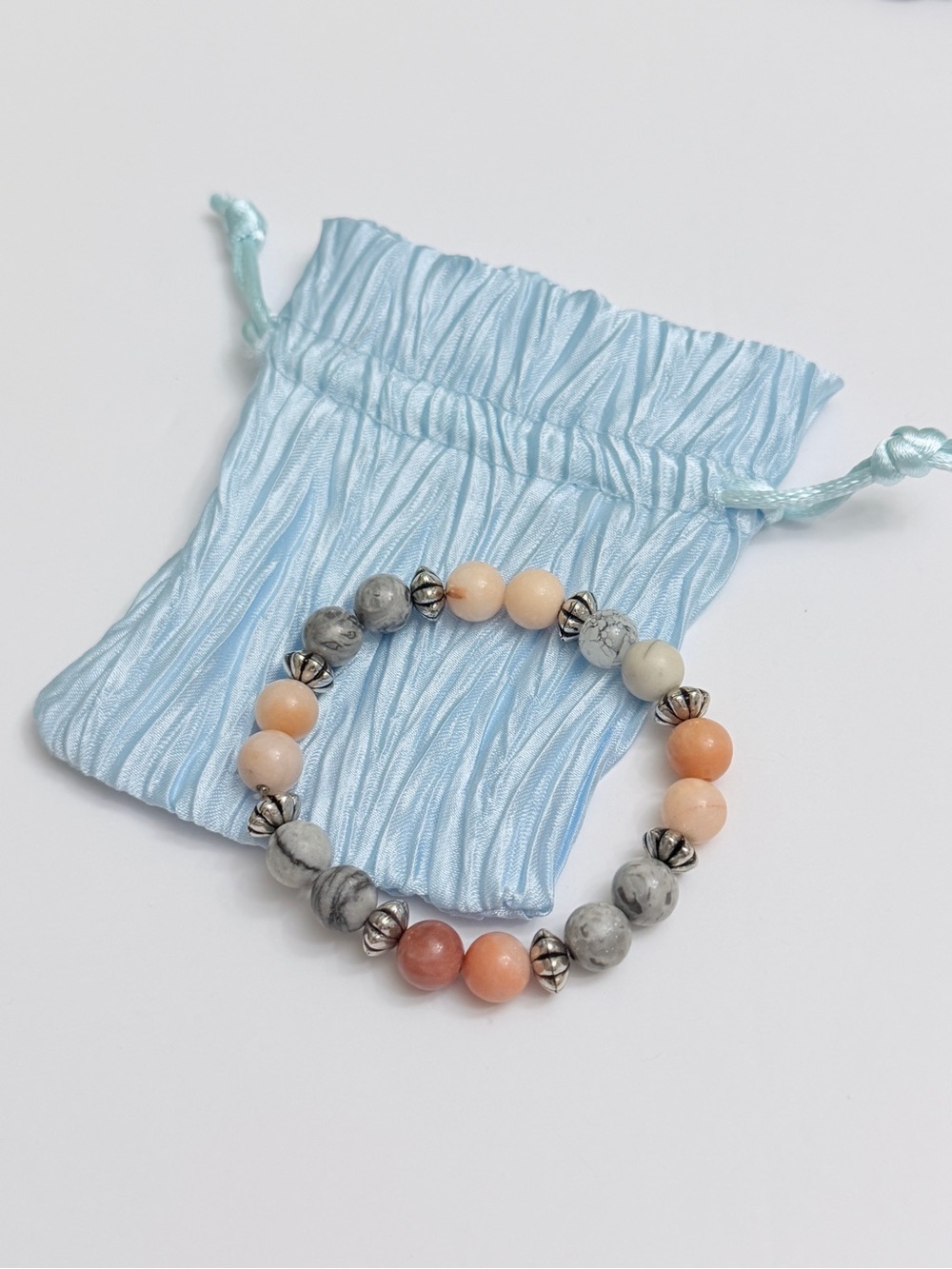 Pastel Peach & Grey Stone Beaded Stretch Bracelet